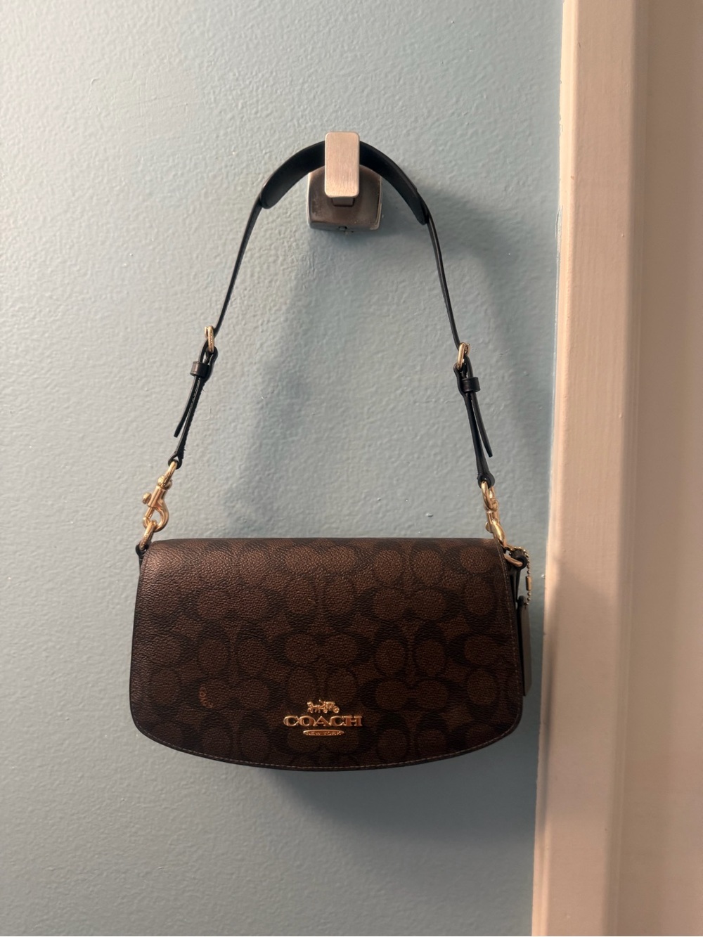 Coach Brown & Black Signature Shoulder Bag with Gold Hardware